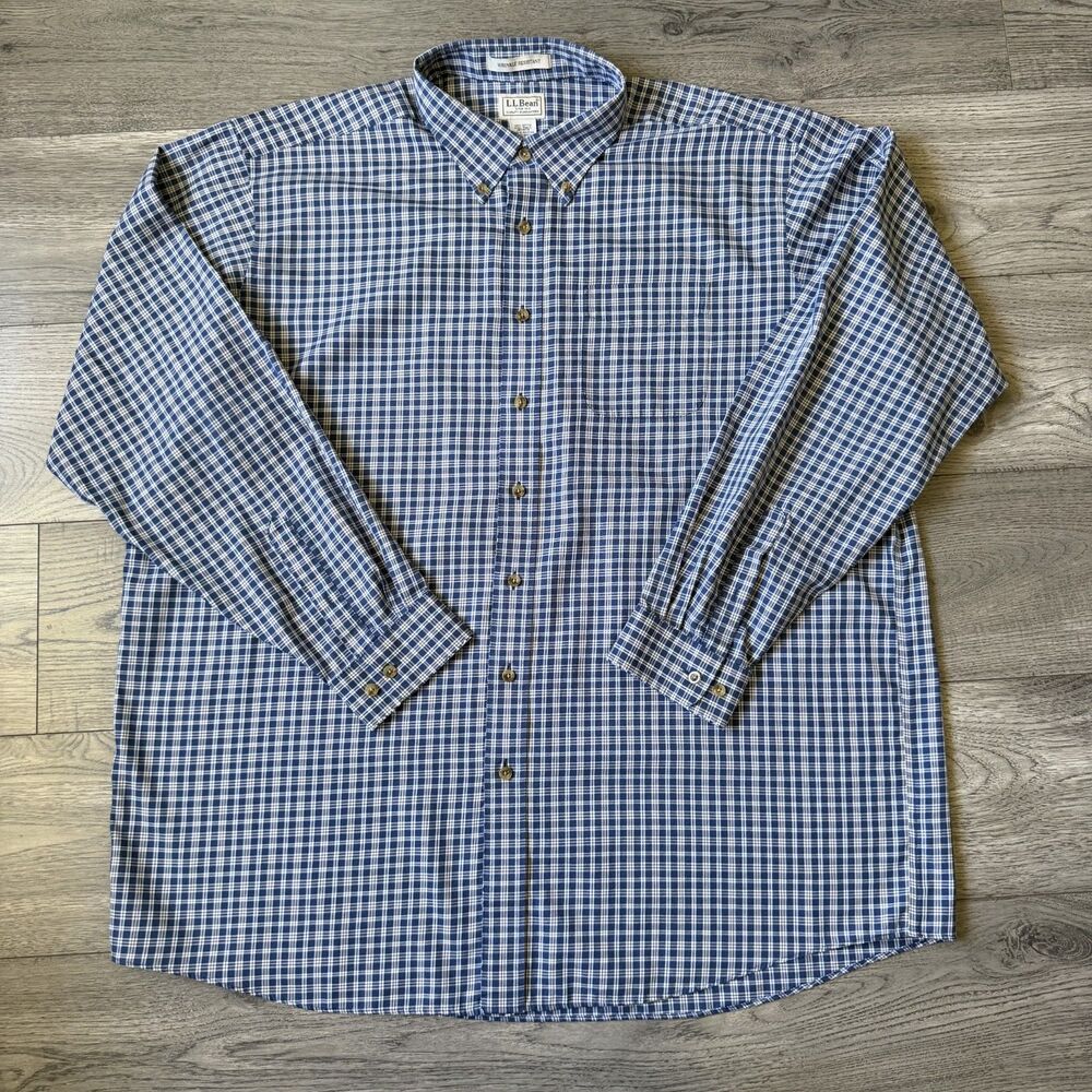 L.L. Bean Mens Blue/White Checkered Wrinkle-Free Button Down Shirt Size XXL Tall